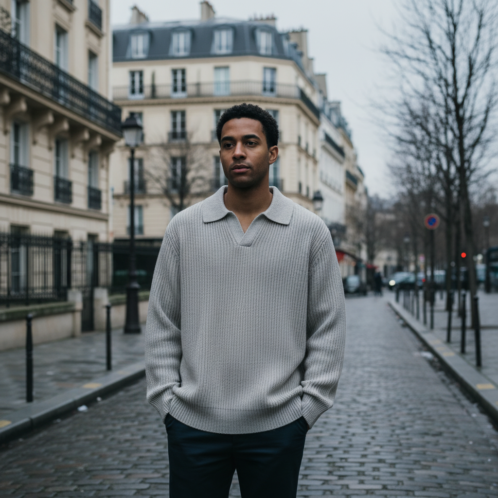 Man standing on a street in an urban setting with buildings in the background