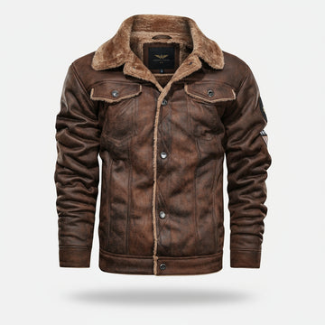 Brown leather jacket with fur collar on a light gray background