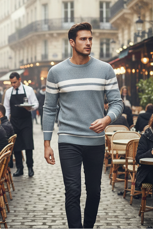Man walking through a bustling outdoor café in an urban setting