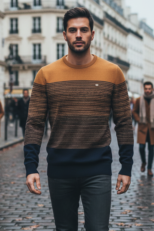 Man walking on a cobblestone street in an urban setting