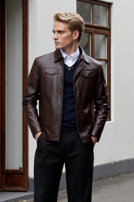 Man wearing a brown leather jacket and dark pants standing against a white wall with a window.