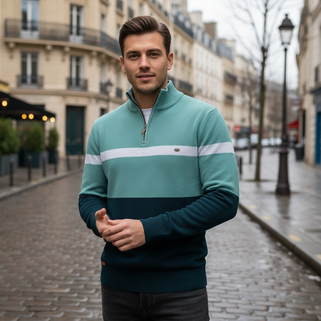 Man wearing a teal and navy striped sweater on a city street.