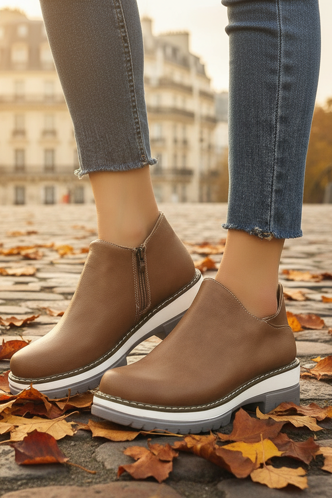 Brown platform shoes worn with jeans on a leaf-covered ground.