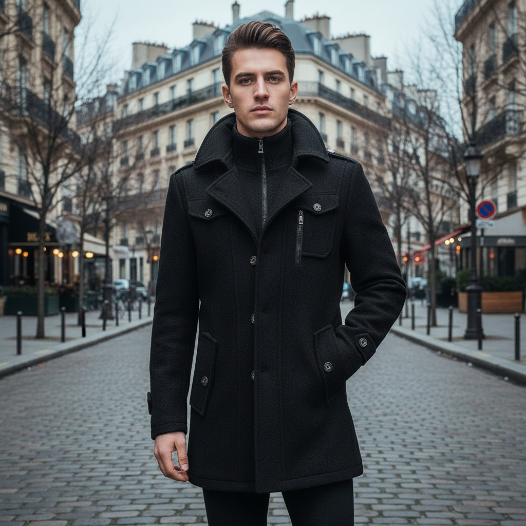Man wearing a black coat on a city street with buildings in the background