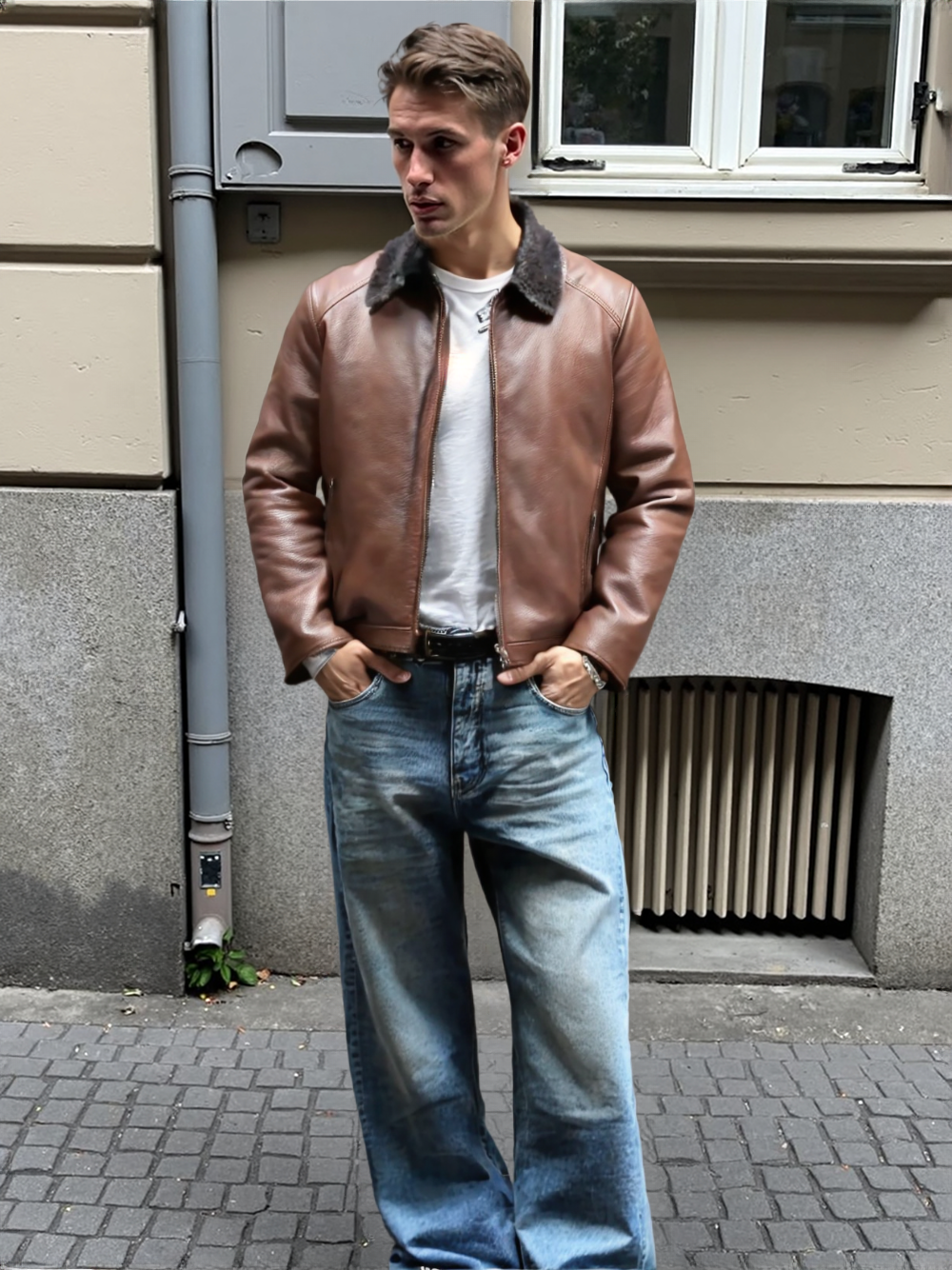 Man wearing a brown leather jacket and blue jeans standing against a building.