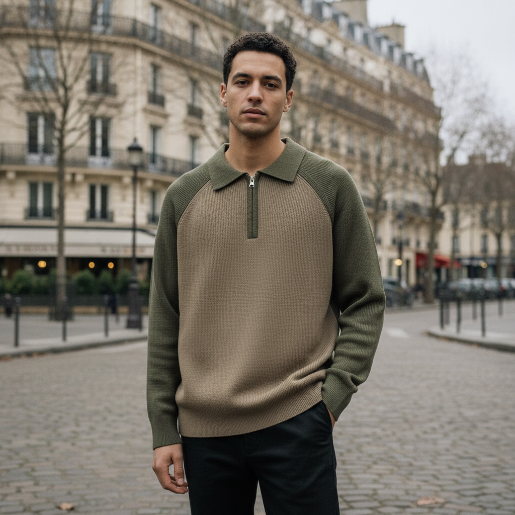 Man wearing a green and beige sweater standing on a street with buildings in the background
