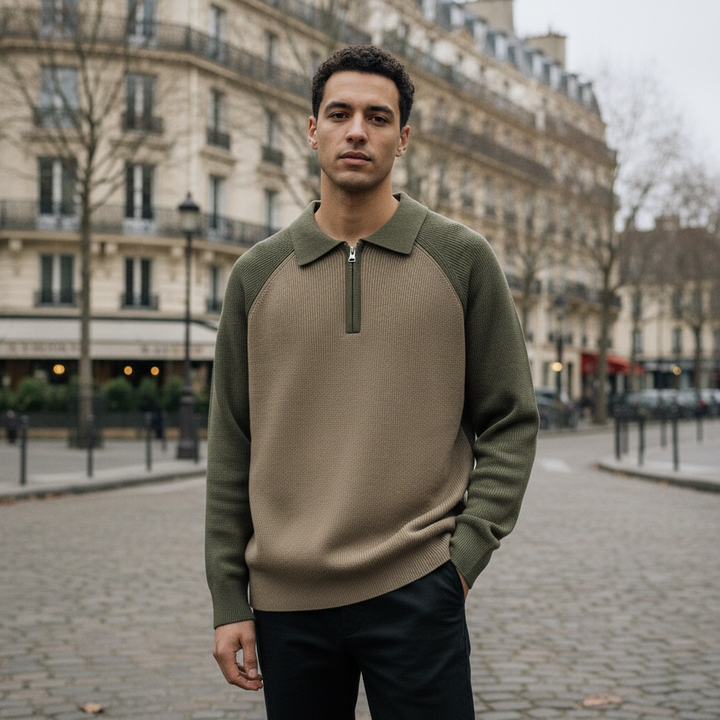 Man wearing a green and beige sweater standing on a street with buildings in the background