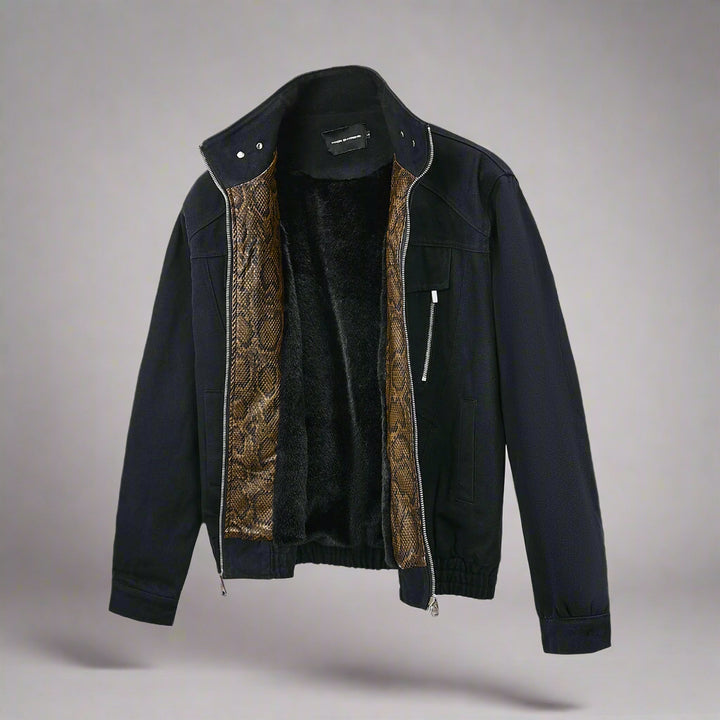 Black jacket with snake skin pattern lining on a gray background