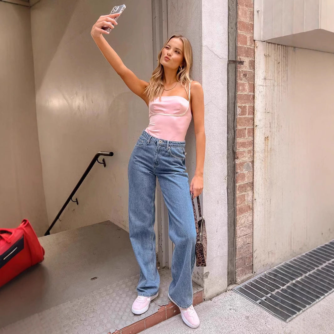 Selviera Bow-Back Straight Denim Pants