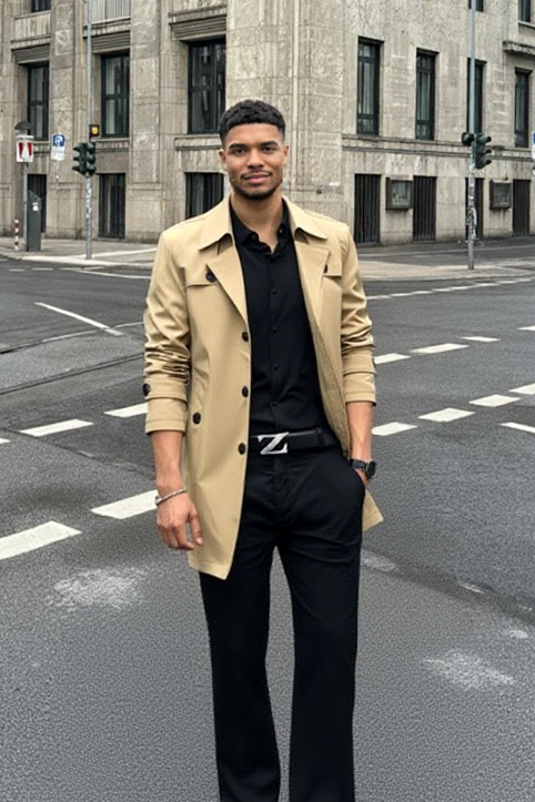 Man in a beige trench coat standing on a city street with a large building in the background.