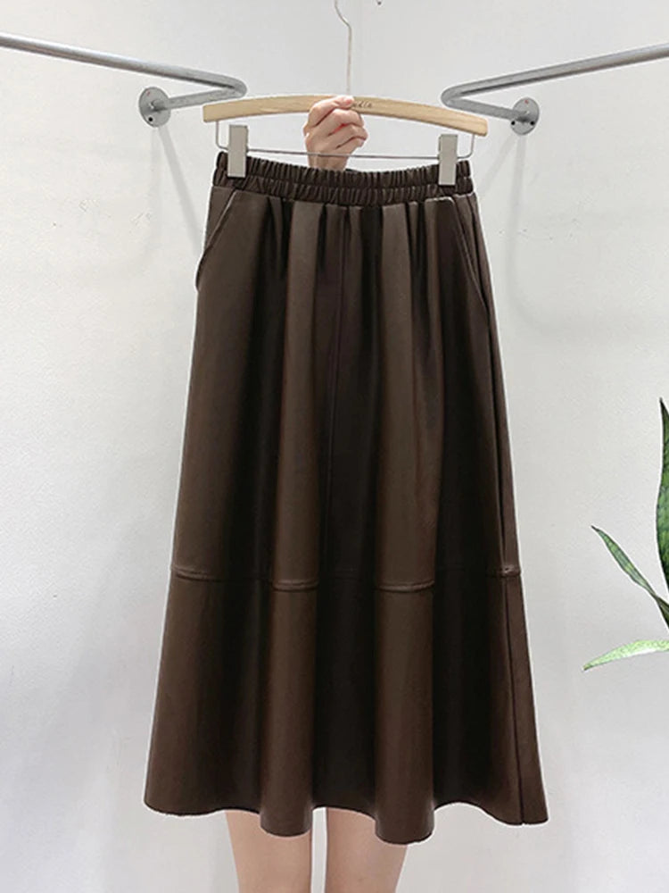 Solira™ High Waist Leather Midi Skirt