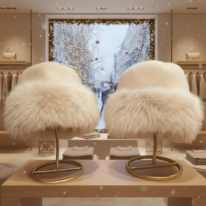 Two fluffy table lamps on a wooden surface with a decorative window in the background.