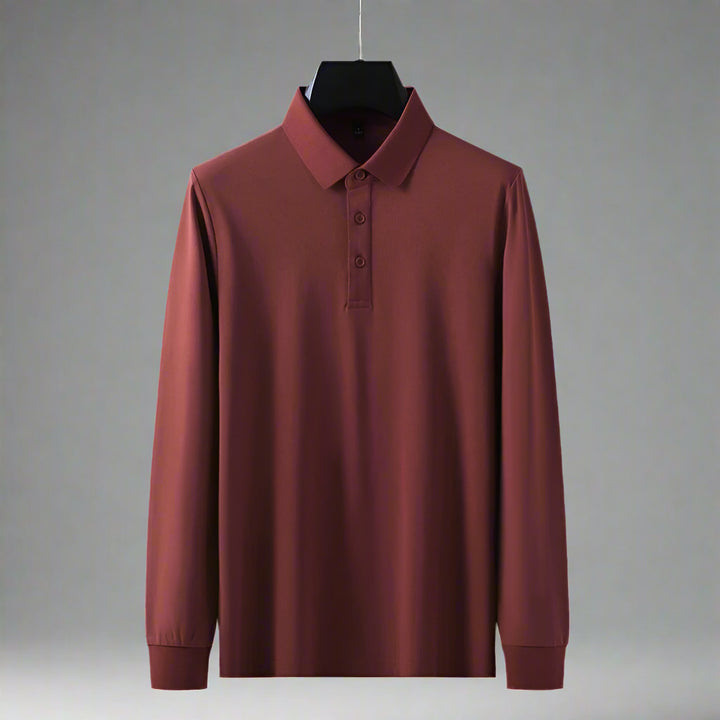 Maroon long-sleeve polo shirt on a gray background