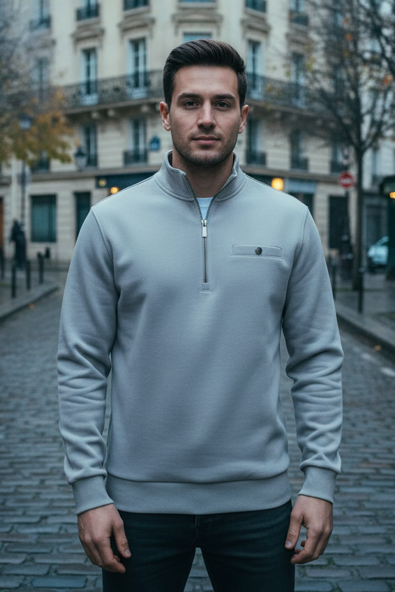 Man wearing a gray sweater standing on a street with buildings in the background
