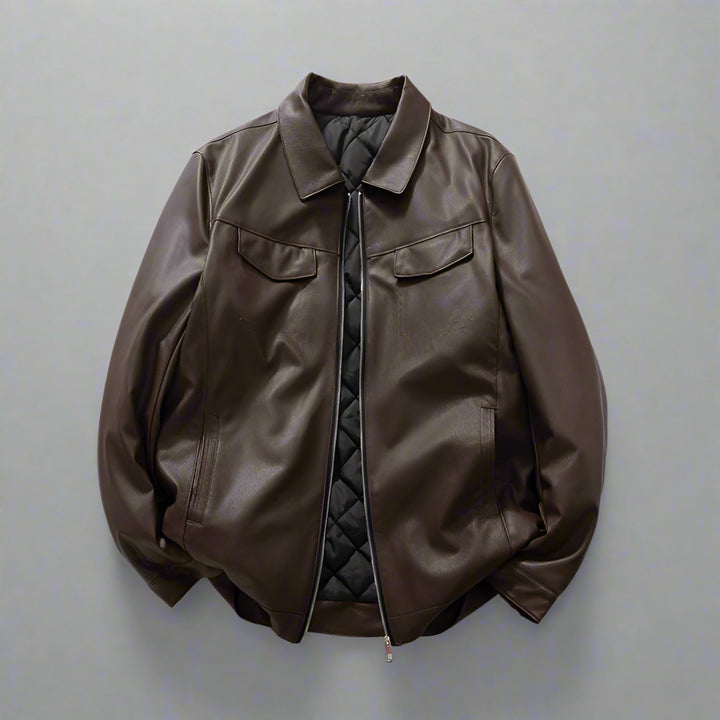 Brown leather jacket on a light gray background