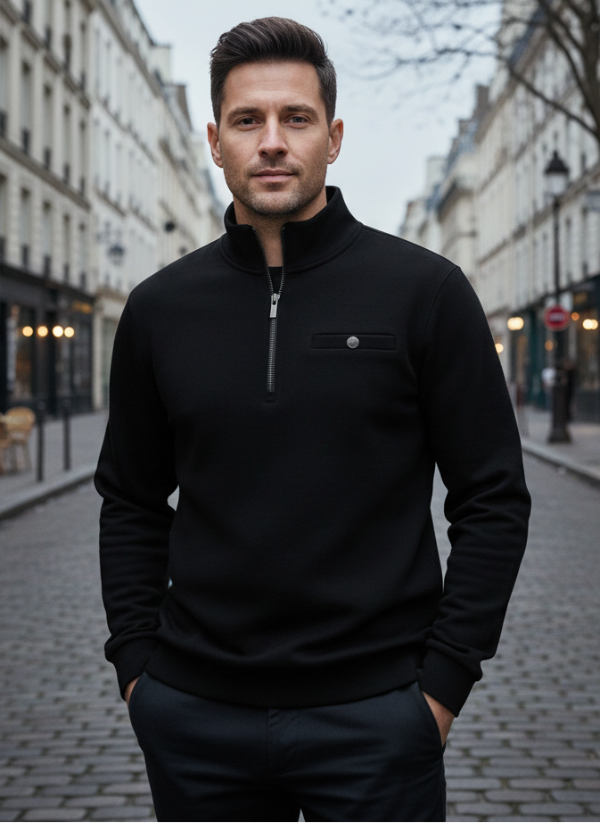 Man wearing a black jacket standing on a street in an urban setting