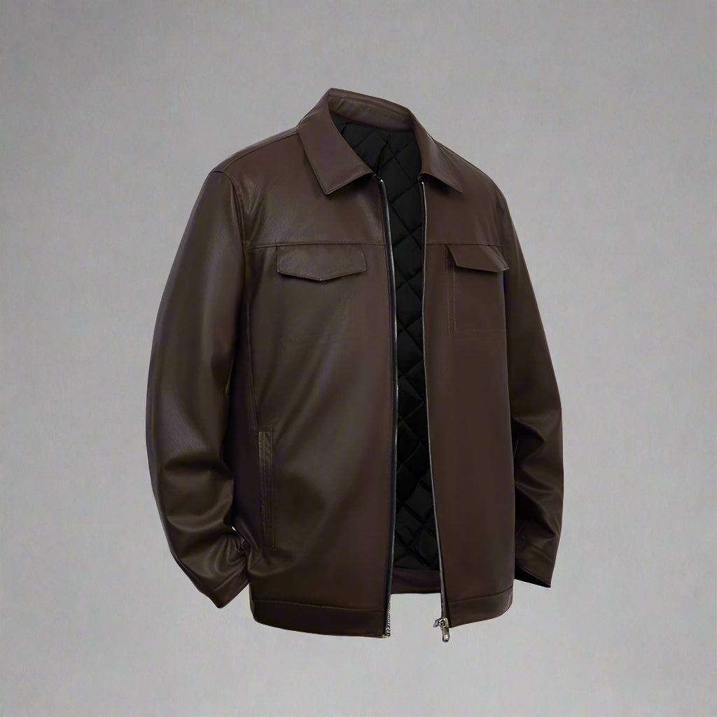Brown leather jacket on a light gray background