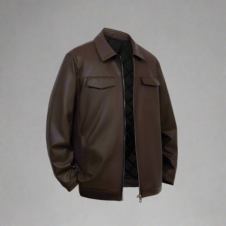 Brown leather jacket on a light gray background
