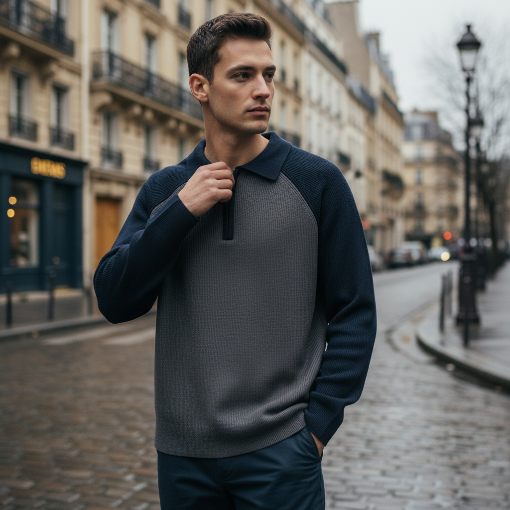 Man wearing a two-tone sweater on a city street