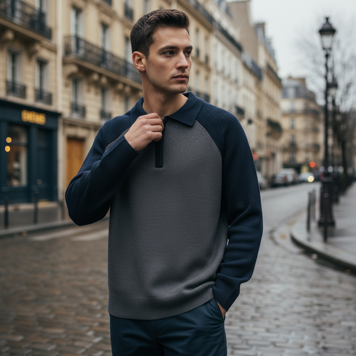 Man wearing a two-tone sweater on a city street