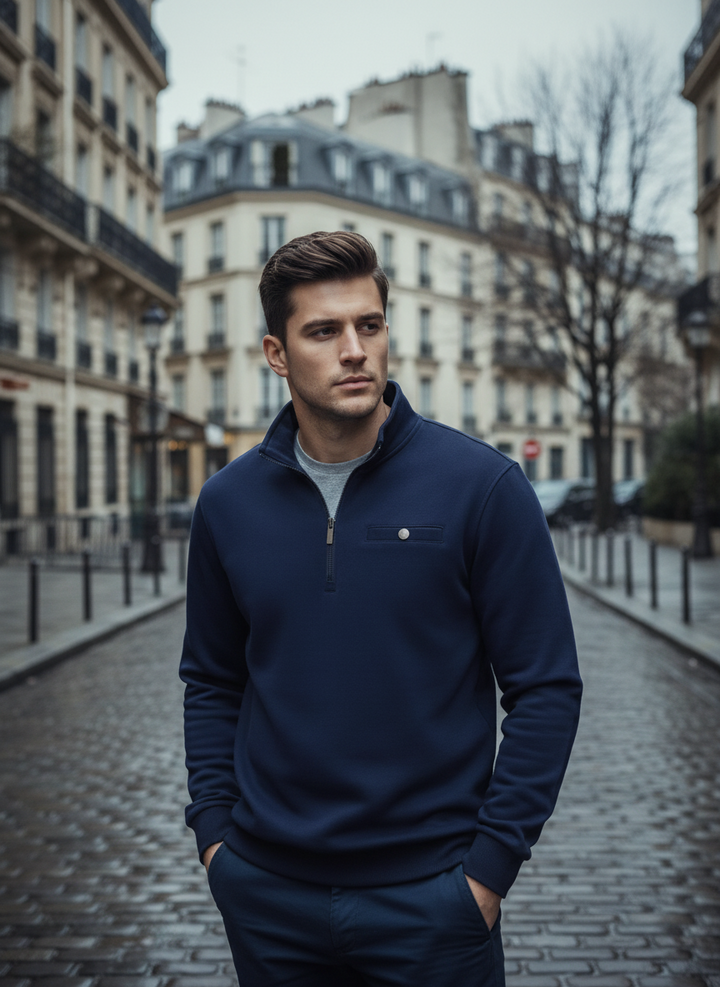 Man wearing a navy blue jacket on a city street with buildings in the background