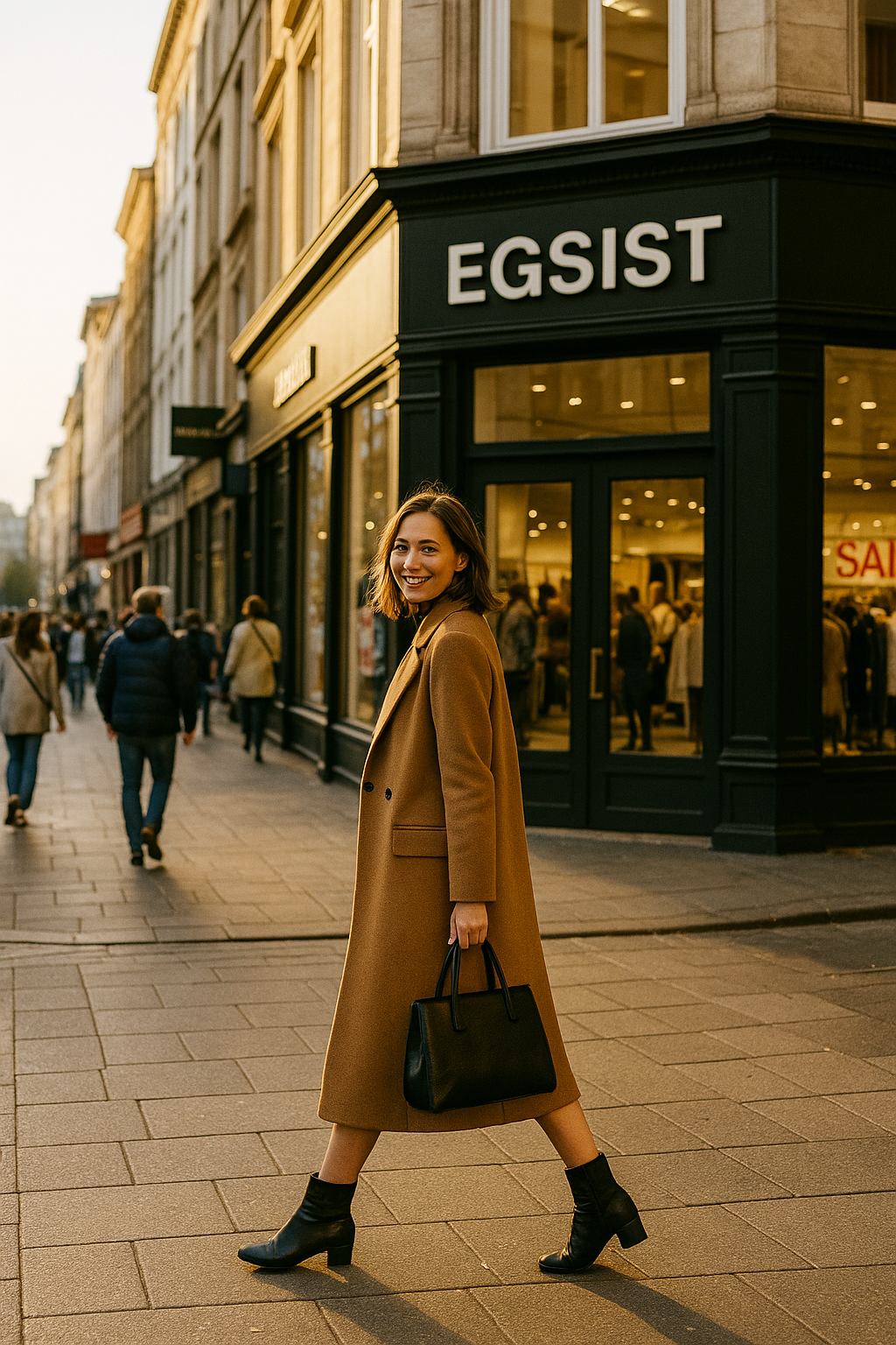 Woman in a tan coat walking on a city street with 'EGSIST' store in the background