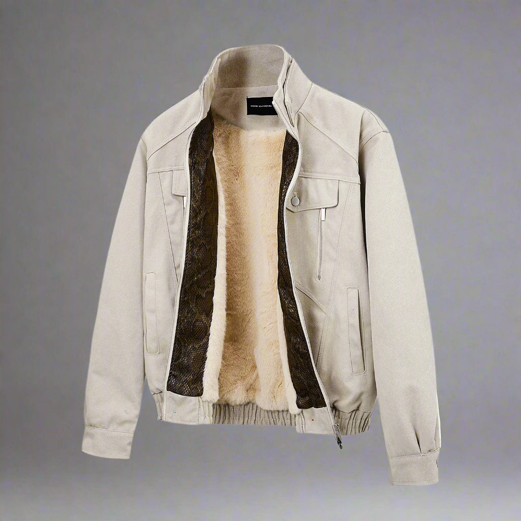 Beige jacket with fur lining on a white background