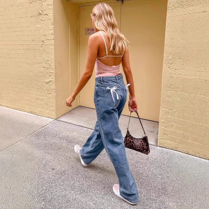 Selviera Bow-Back Straight Denim Pants