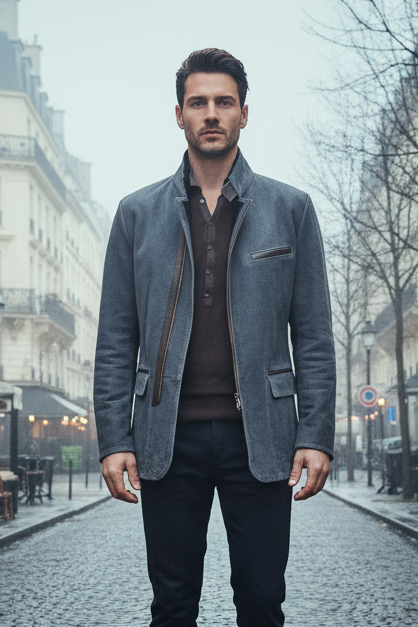 Man standing on a cobblestone street in an urban setting with buildings and cafes in the background.