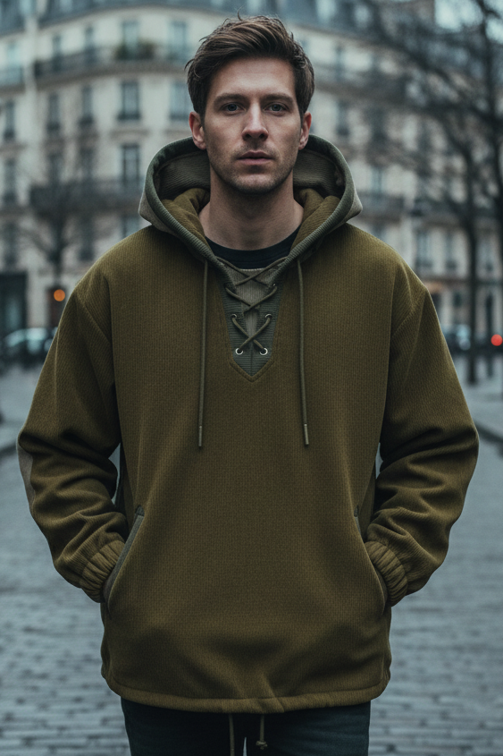 Man wearing a green hoodie standing on a city street