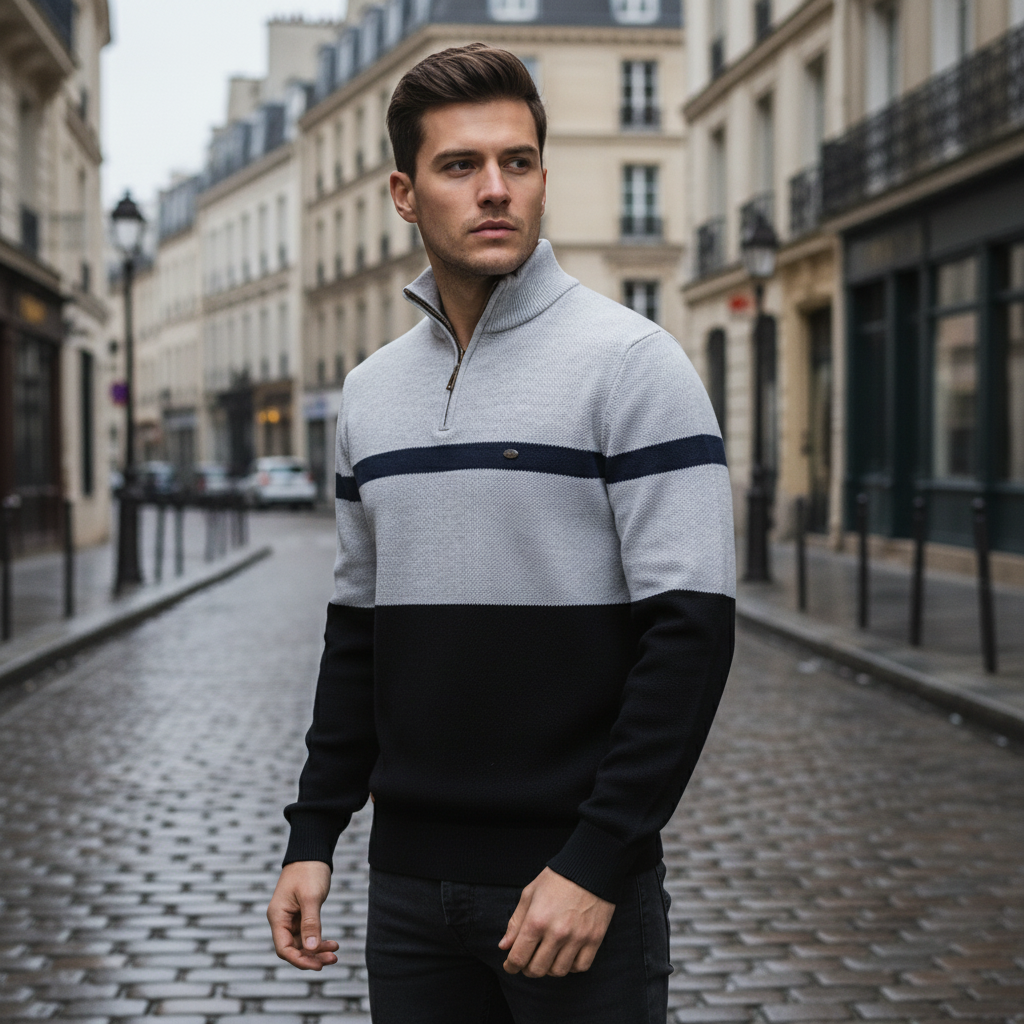 Man wearing a two-tone sweater on a city street