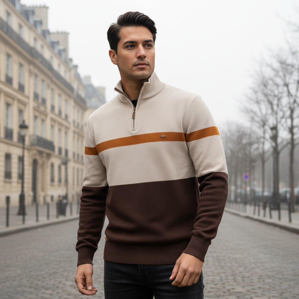 Man wearing a beige and brown sweater on a city street