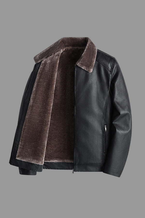 Black leather jacket with brown fur lining on a white background