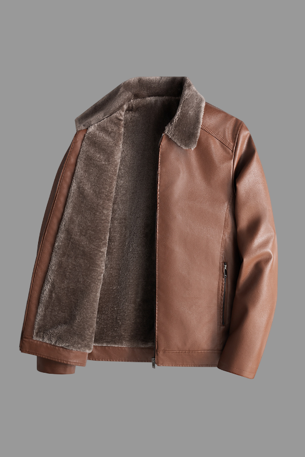 Brown leather jacket with fur lining on a white background