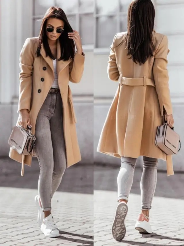 Woman wearing a beige coat with a split view showing front and back, holding a handbag.