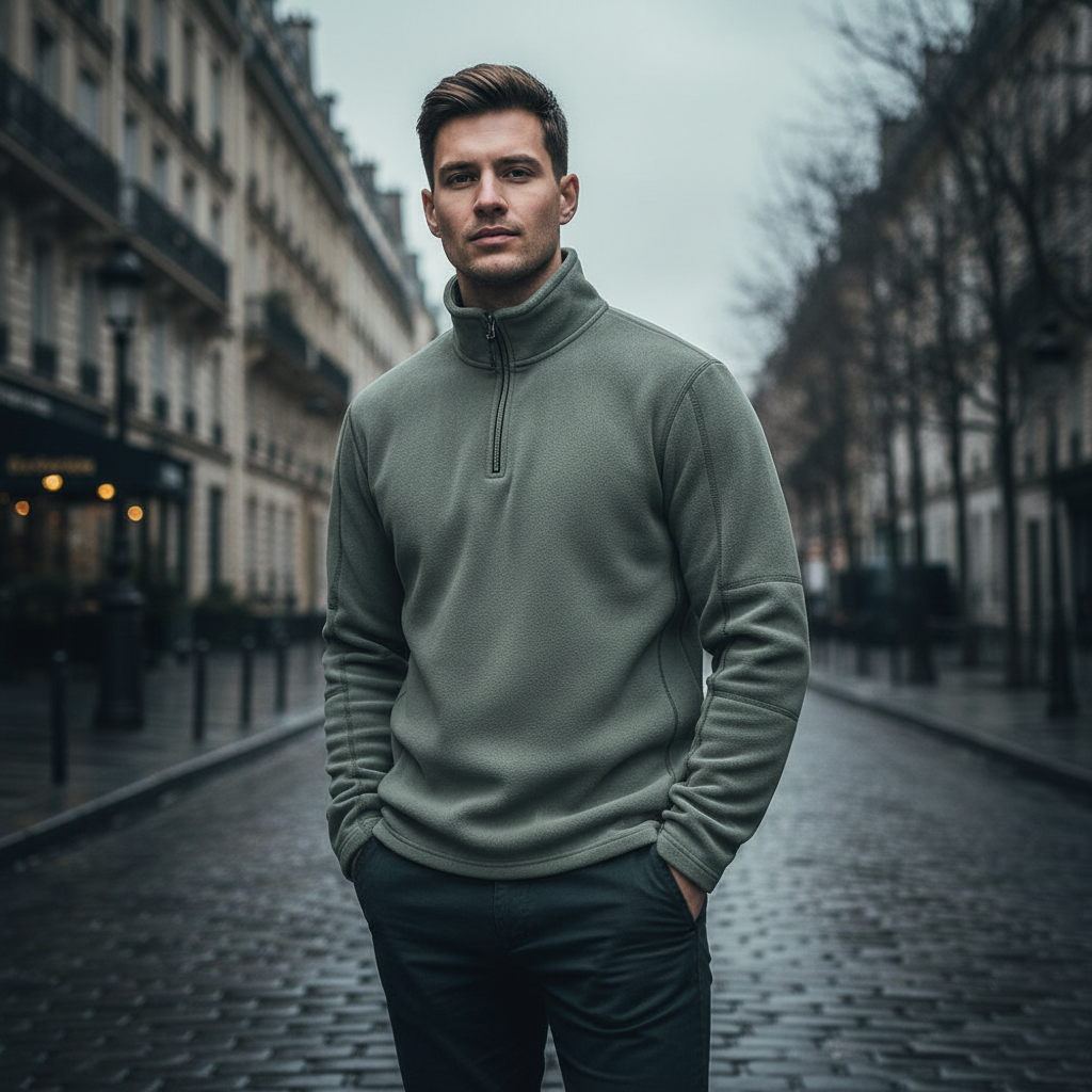 Man wearing a green sweater on a city street