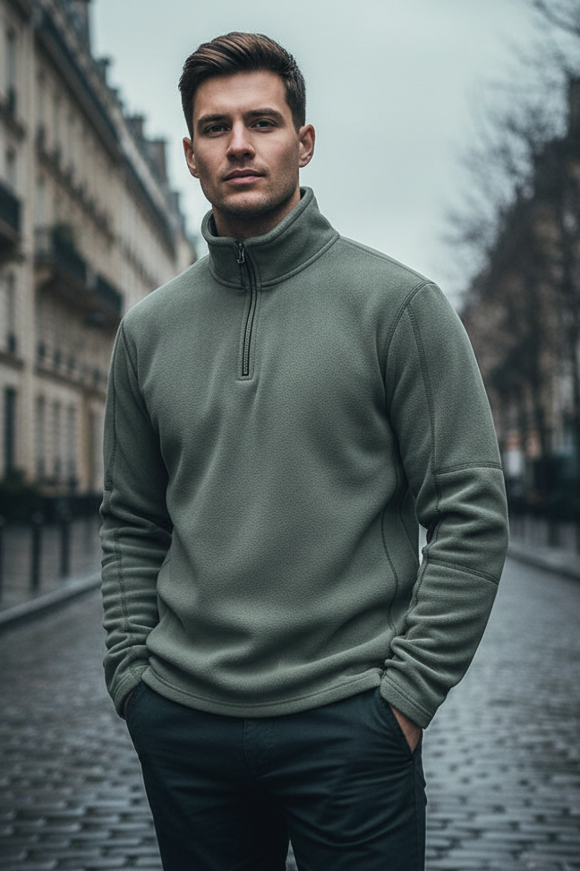 Man wearing a green sweater on a city street
