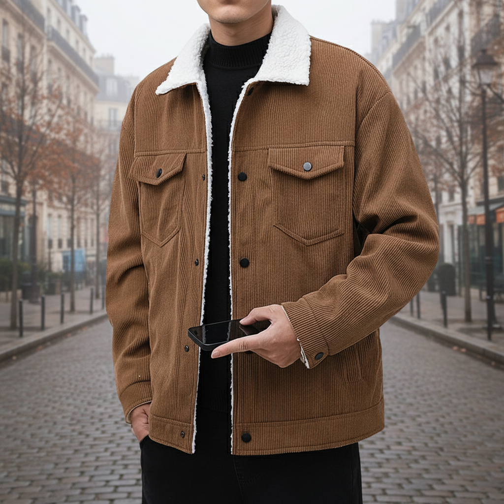 Person wearing a brown corduroy jacket with white sherpa lining on a city street.