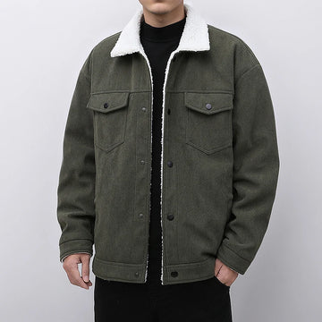 Green corduroy jacket with white sherpa lining on a plain background