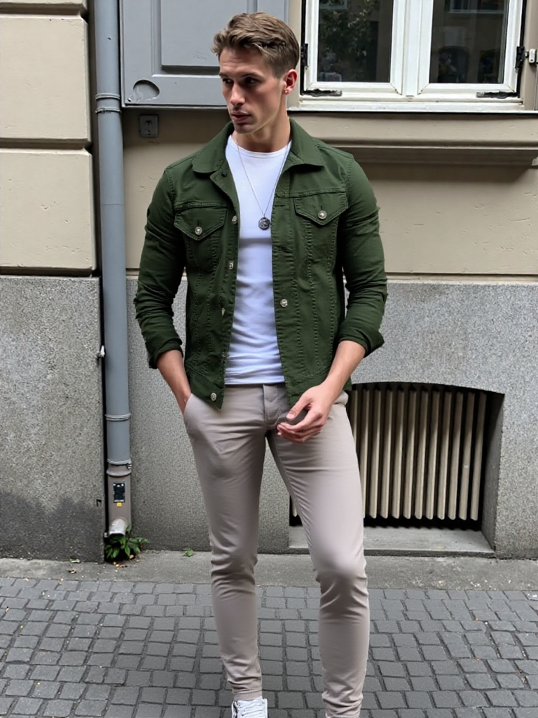 Man wearing a green jacket and beige pants standing against a building wall.