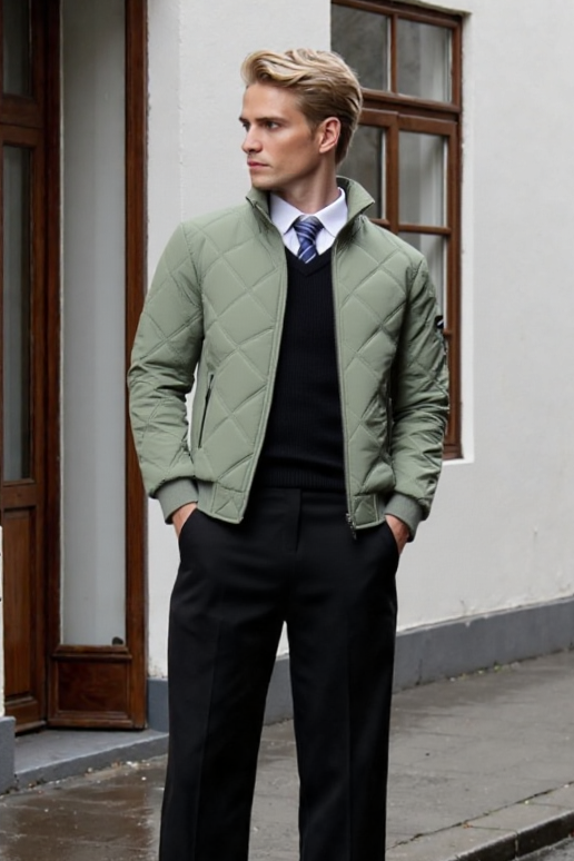 Man wearing a green quilted jacket and black pants standing against a building.