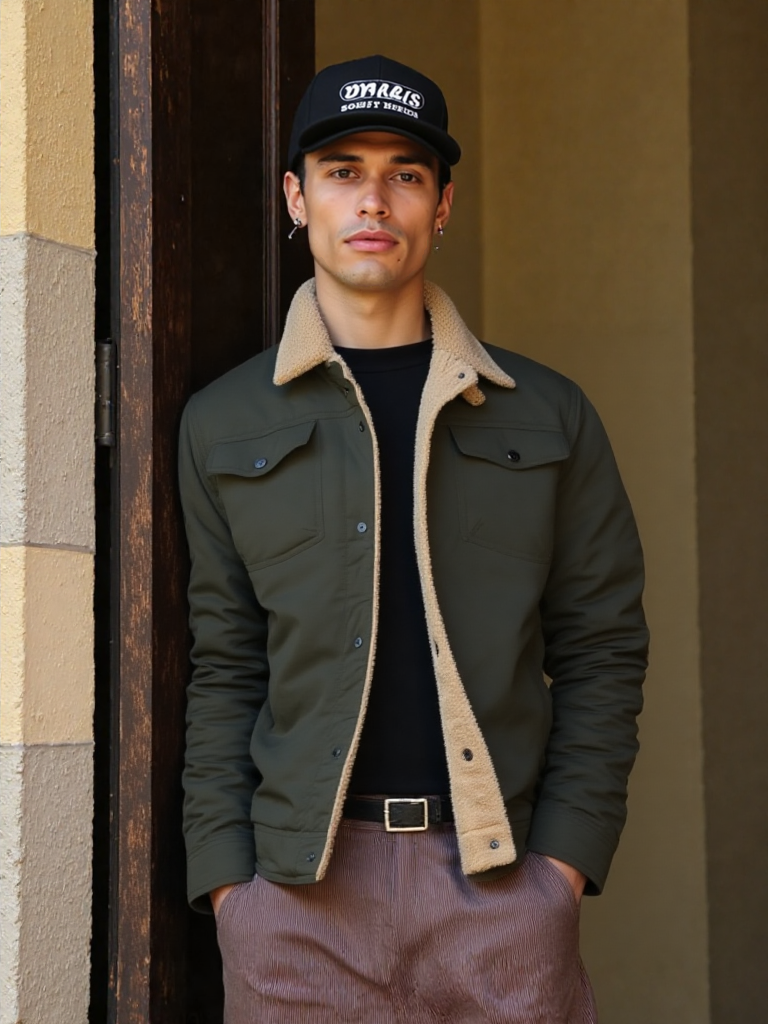 Man wearing a dark green jacket with a beige collar and a black cap, standing against a textured wall.