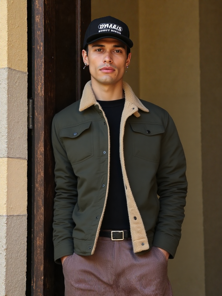 Man wearing a dark green jacket with a beige collar and a black cap, standing against a textured wall.