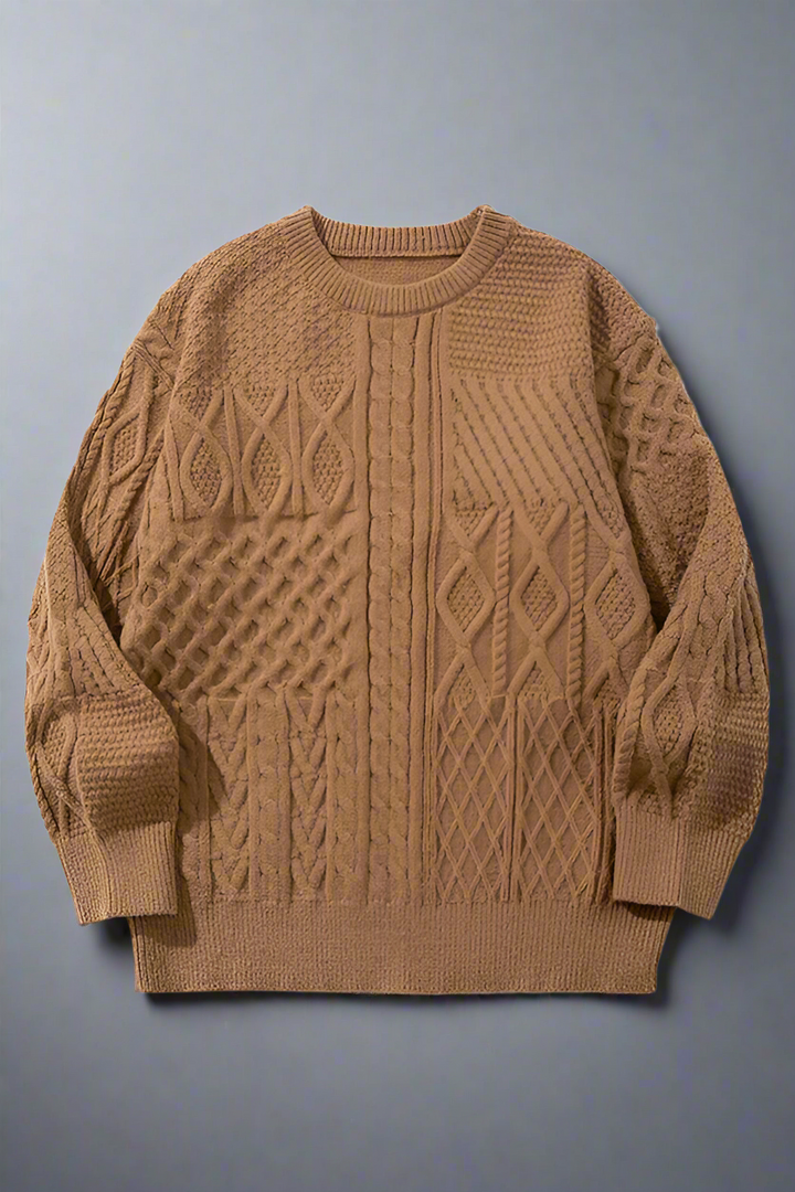Brown cable knit sweater on a white background