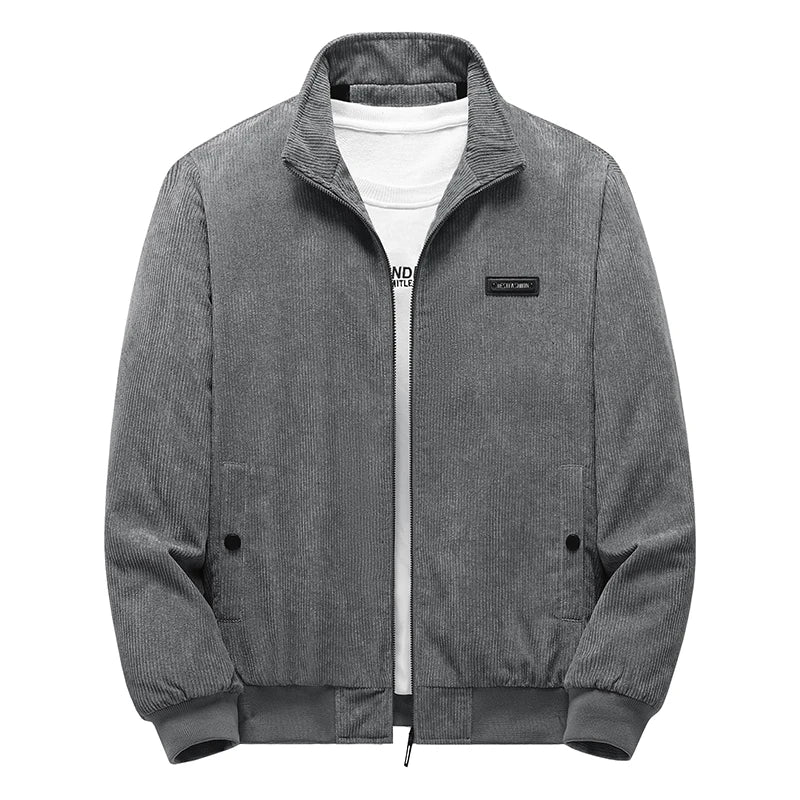 Blouson homme en velours côtelé gris, col montant et fermeture zippée, vue de face