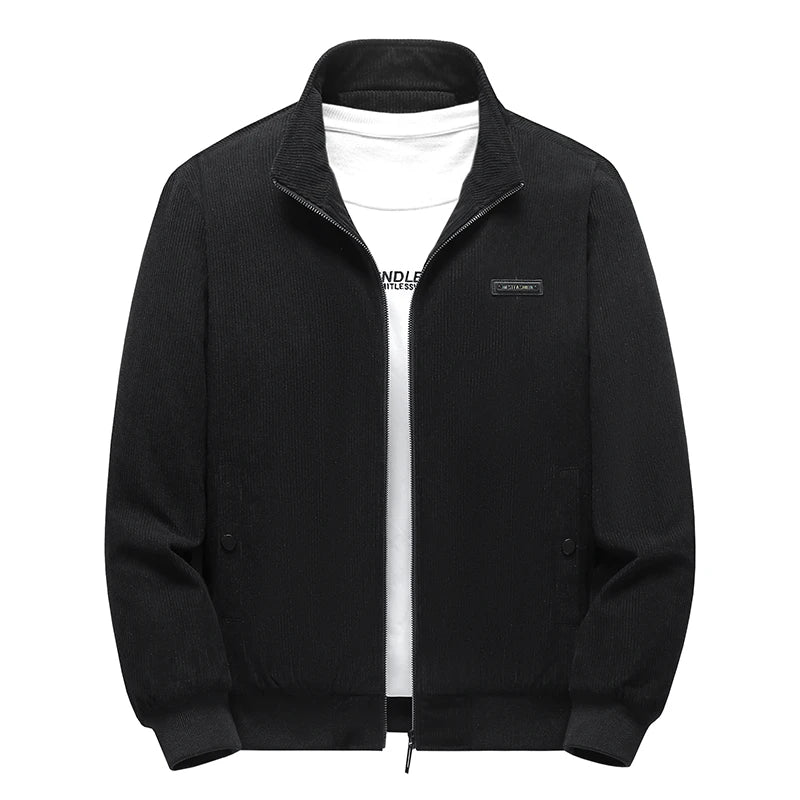 Blouson homme en velours côtelé noir, col montant et fermeture zippée, vue de face