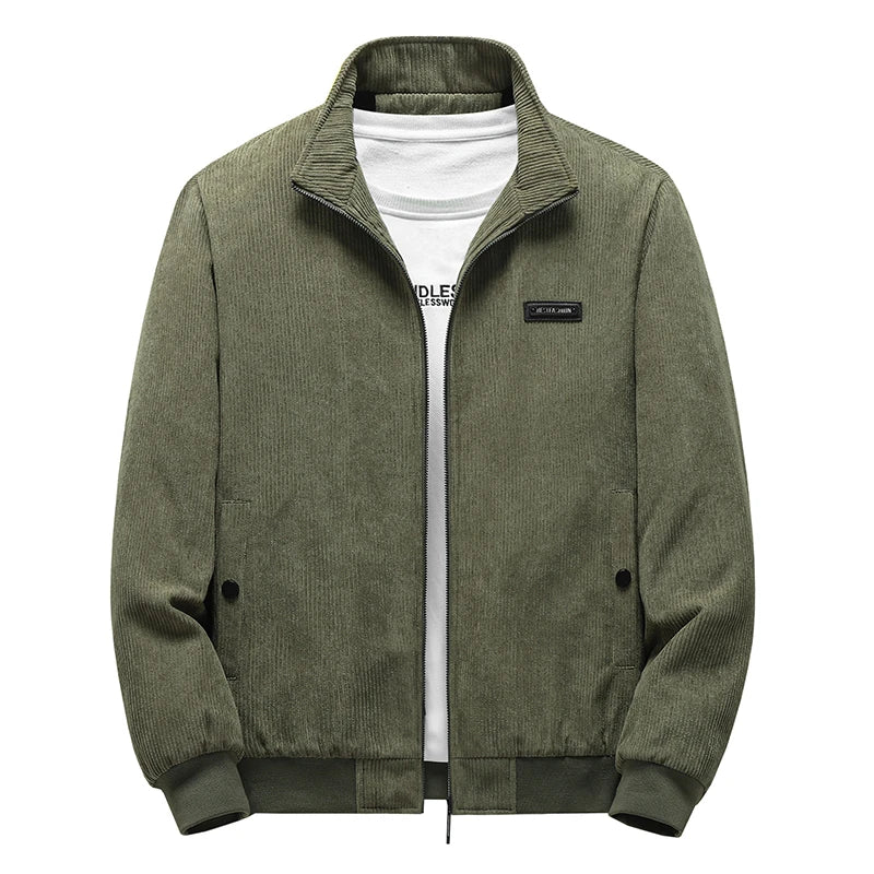 Blouson homme en velours côtelé vert kaki, col montant et fermeture zippée, vue de face