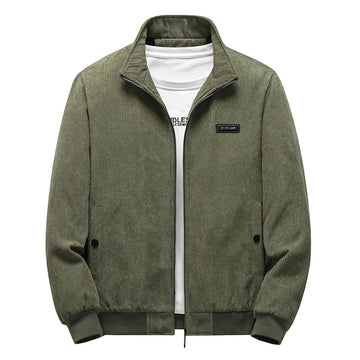 Blouson homme en velours côtelé vert kaki, col montant et fermeture zippée, vue de face