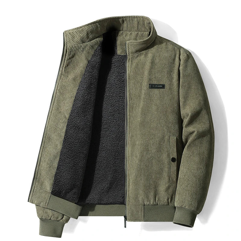 Blouson homme en velours côtelé vert kaki ouvert, doublure sherpa à l'intérieur