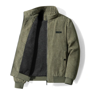Blouson homme en velours côtelé vert kaki ouvert, doublure sherpa à l'intérieur